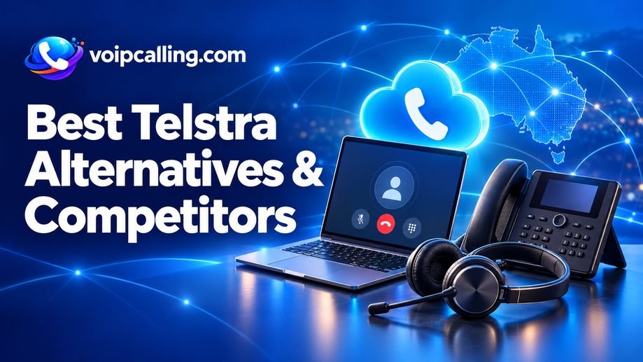 Best Telstra alternatives and competitors featuring a laptop, desk phone, headset and cloud calling symbol beside a map of Australia.