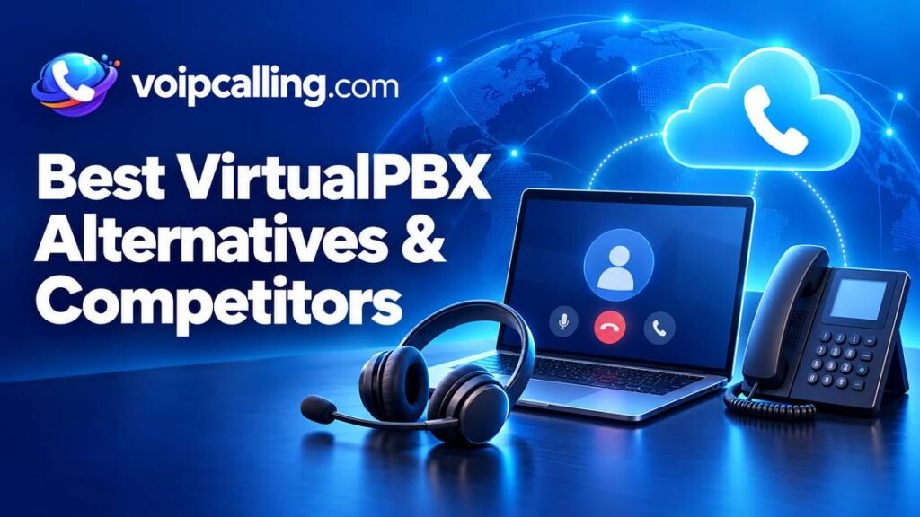 Best VirtualPBX alternatives and competitors with VoIPCalling.com branding, a laptop, desk phone, headset and cloud calling icon.