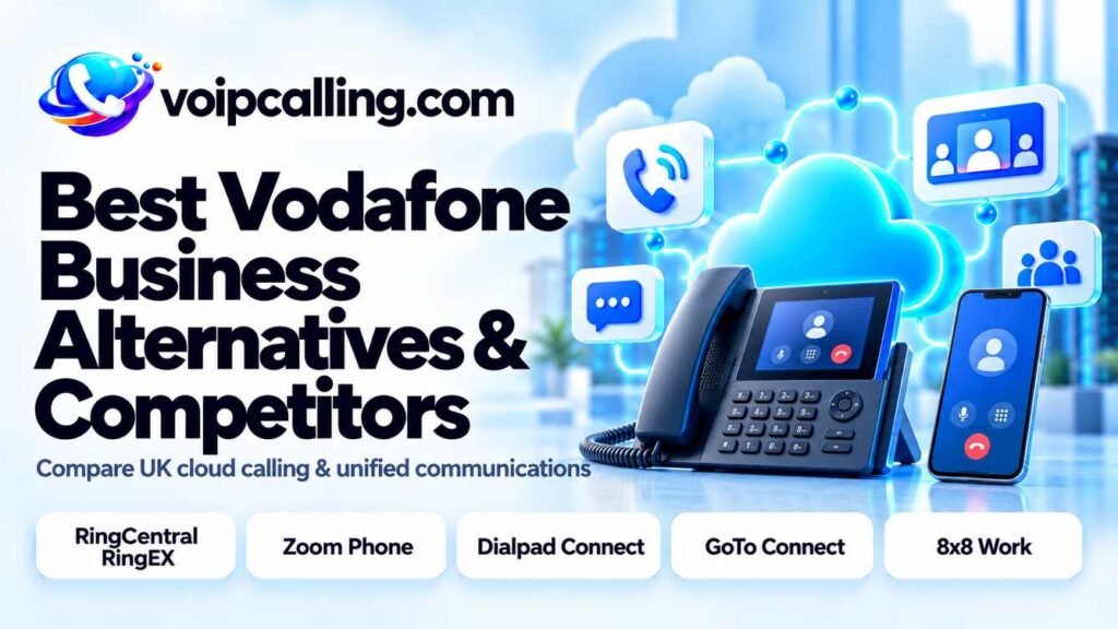 Best Vodafone Business alternatives for UK cloud calling: RingCentral RingEX, Zoom Phone, Dialpad Connect, GoTo Connect and 8x8 Work.