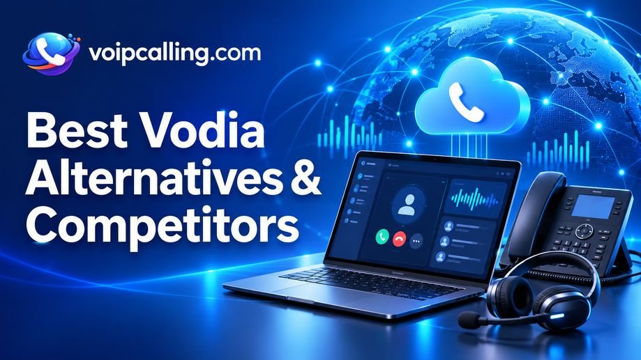 Best Vodia alternatives and competitors with VoIPCalling.com branding, a laptop, desk phone, headset and cloud calling icon over a connected globe.