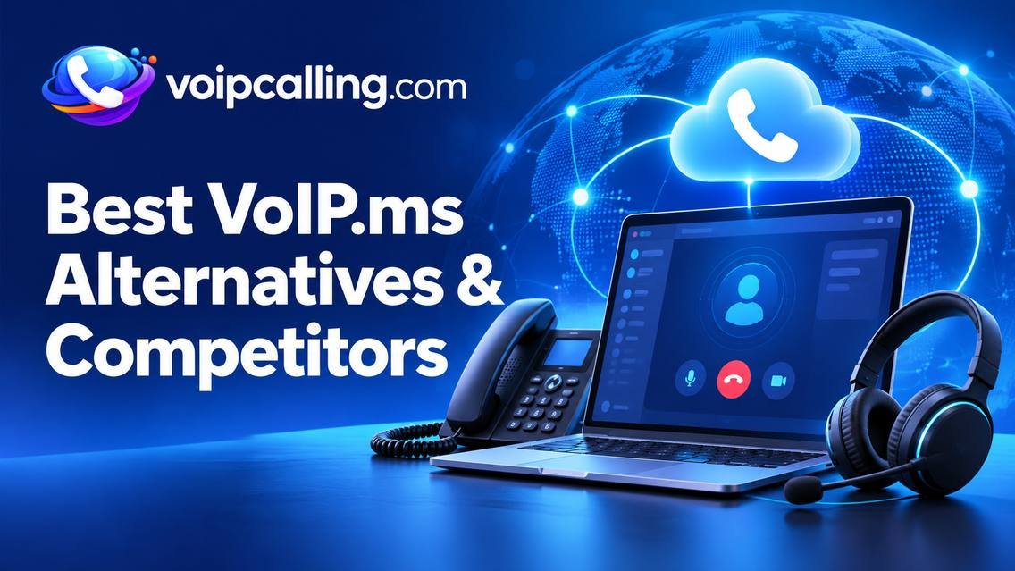 Best VoIP.ms alternatives and competitors with VoIPCalling.com branding, a laptop, desk phone, headset and cloud calling icon.