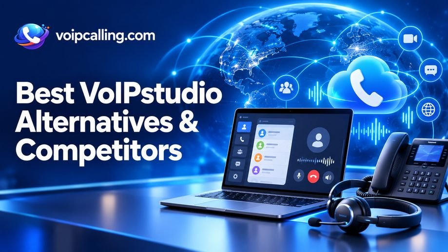 Best VoIPstudio alternatives and competitors with VoIPCalling.com branding, a laptop, desk phone, headset and cloud calling icon against a connected globe.