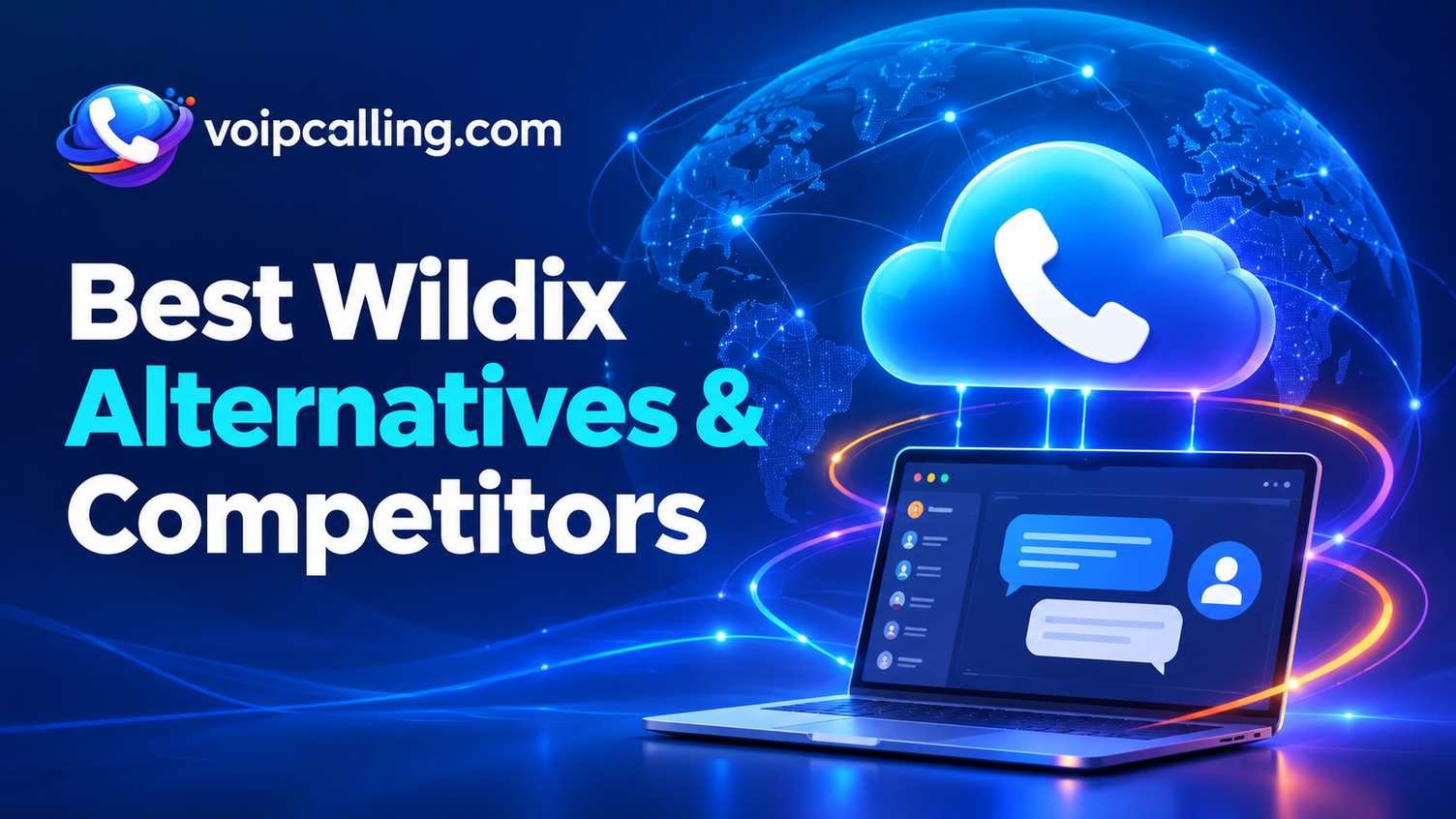 Wildix alternatives and competitors illustrated with a cloud phone, laptop chat interface and global communications network.
