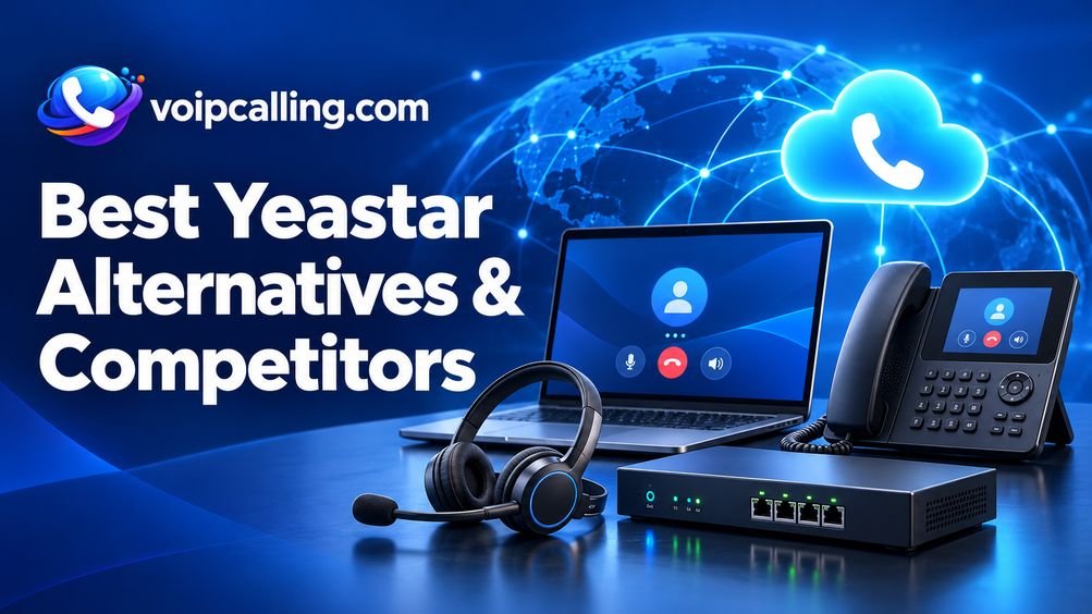 Yeastar alternatives and competitors featuring a laptop, desk phone, headset, PBX appliance and cloud calling symbol against a connected globe.