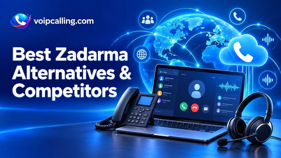 Best Zadarma alternatives and competitors with VoIPCalling.com branding, a laptop, desk phone, headset and cloud calling icon against a connected globe.
