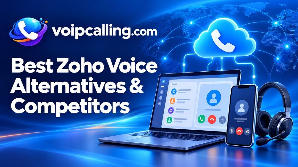 Best Zoho Voice alternatives and competitors with VoIPCalling branding, a laptop, smartphone, headset and cloud calling icon.